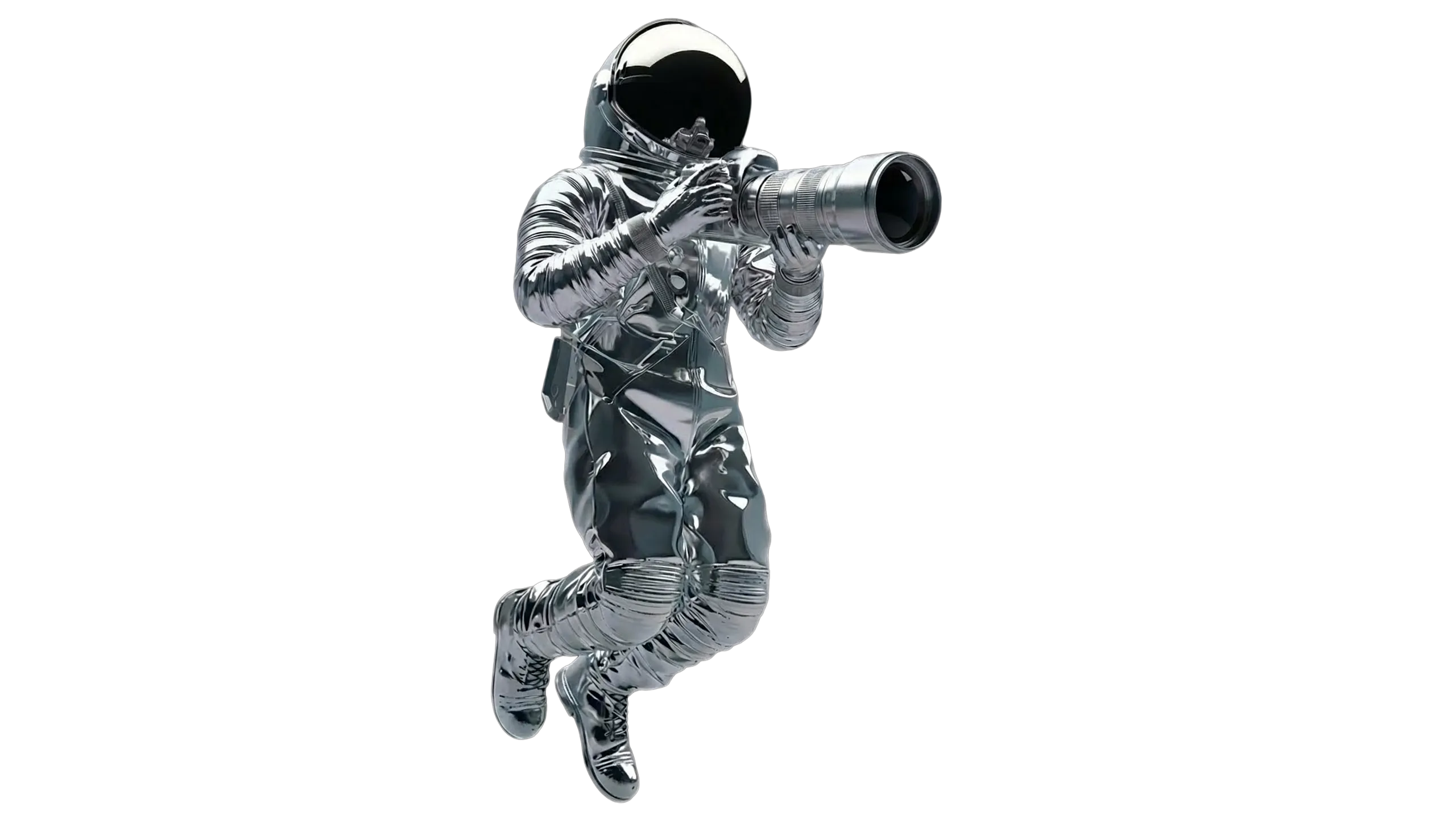 Chrome astronaut floating in space, holding a professional camera