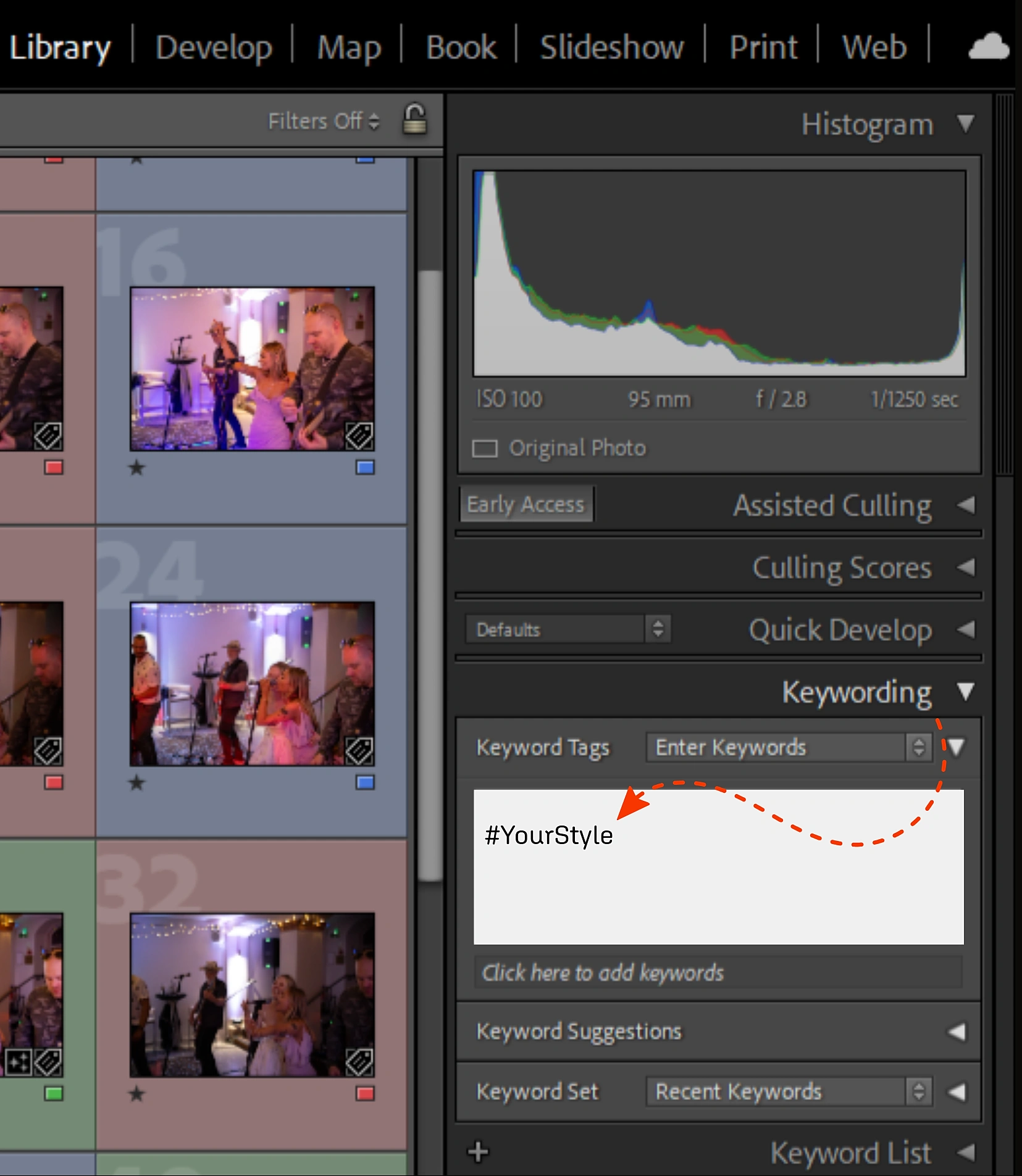 Lightroom library view showing photos tagged with #YourStyle keyword