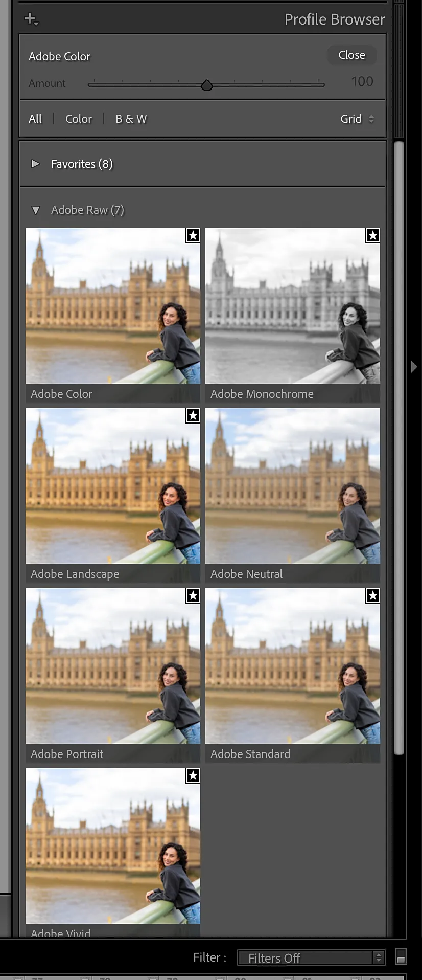 Lightroom Profile Browser showing the seven Adobe Raw profiles — Adobe Color, Adobe Monochrome, Adobe Landscape, Adobe Neutral, Adobe Portrait, Adobe Standard, and Adobe Vivid
