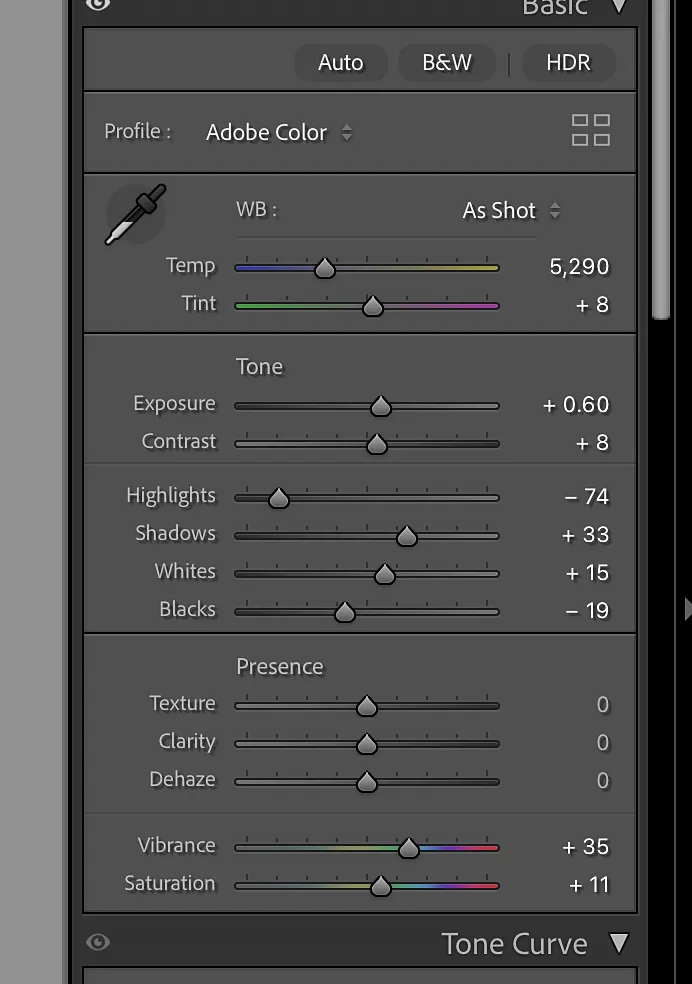 Lightroom Basic panel showing Tone and Presence sliders with Adobe Color active as the profile baseline
