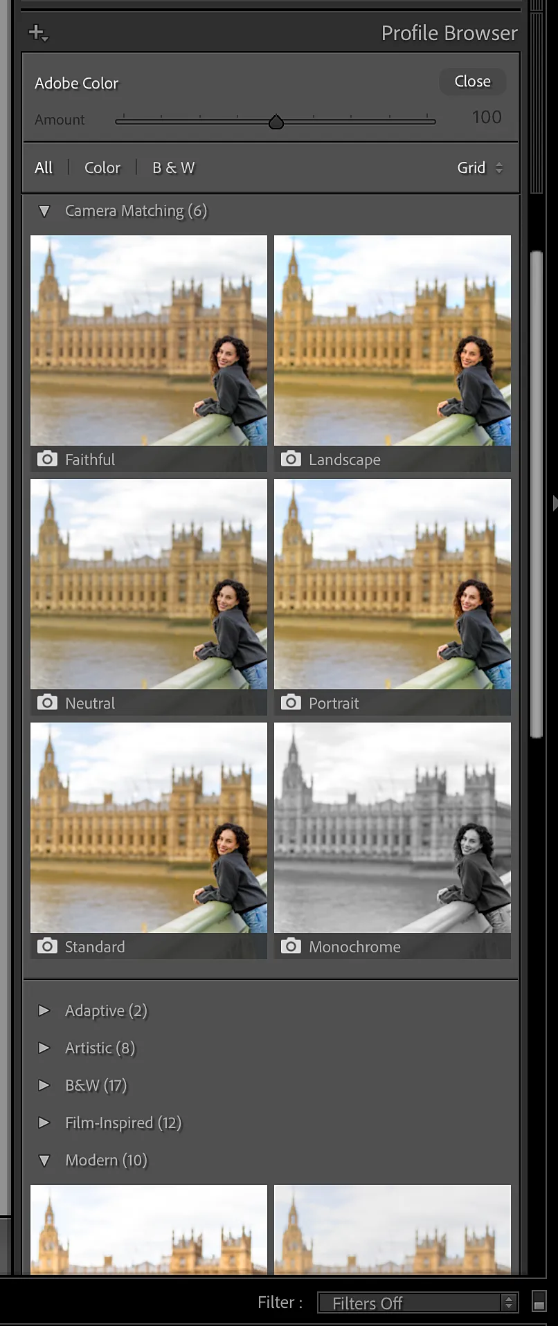 Lightroom Profile Browser showing Camera Matching profiles — Faithful, Landscape, Neutral, Portrait, Standard, and Monochrome — each designed to approximate a specific camera manufacturer's in-camera look