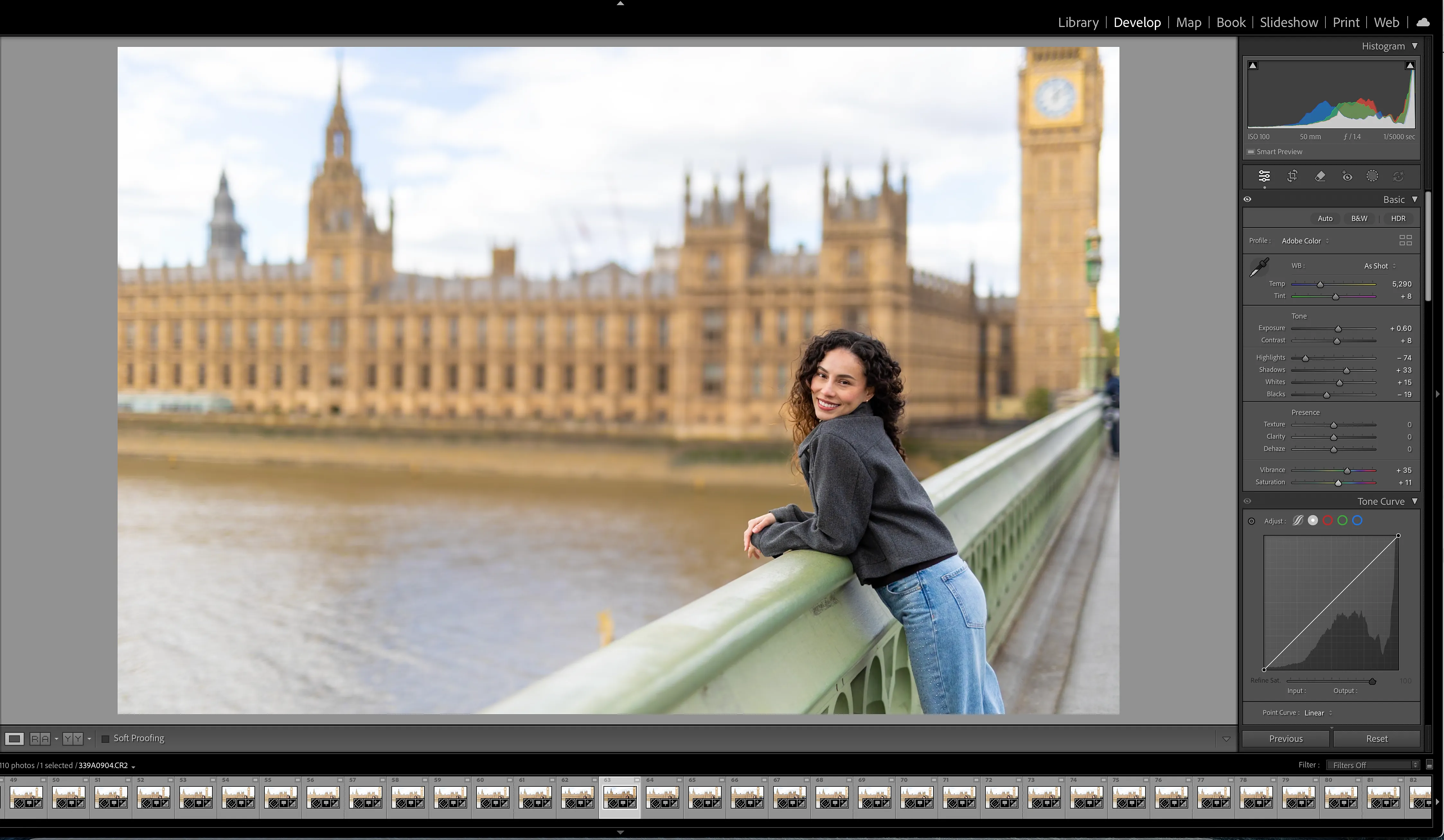 Lightroom Classic Develop module with a portrait photo open and the Basic panel visible on the right