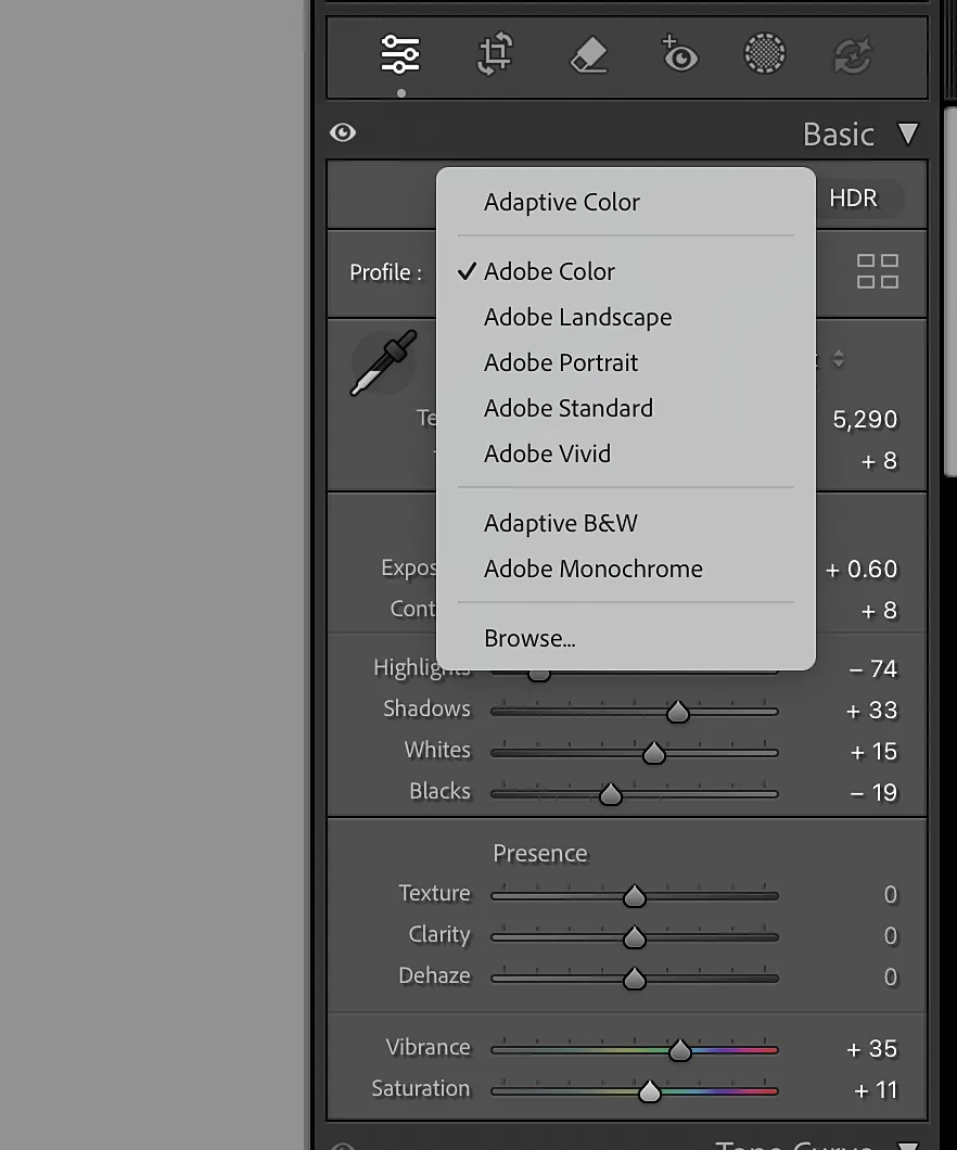 Lightroom profile dropdown showing Adobe Color selected alongside Adobe Standard, Adobe Portrait, Adobe Landscape, and other available profiles
